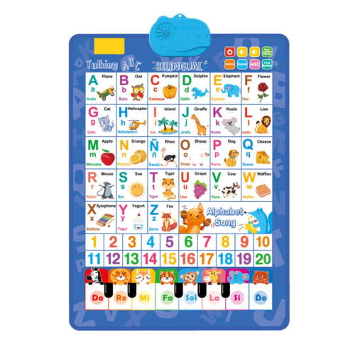 English Spanish Bilingual Talking Alphabet Poster, Interactive Electronic Talking Learning Chart, Educational Sound Wall Chart for ABC Numbers Learning,7.67*17.51 in.