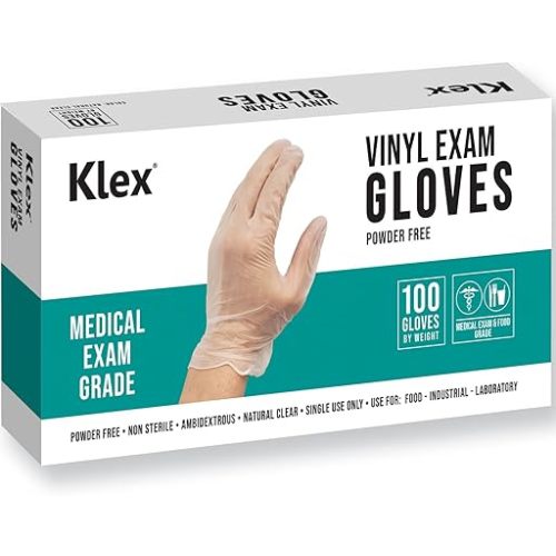 Klex Disposable Vinyl Gloves Medical Exam Grade, Latex & Powder Free, BPA Free, 100, 1000, S, M, L, XL