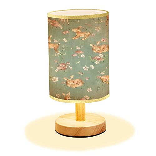 Minimalist Bedside Table Lamp Baby Deer Watercolor Seamless Fawn Woodland Forest Animals for Nursery Wood Nightstand Desk Base Flaxen Fabric Shade Bedroom Living Room, 5.5x11inch