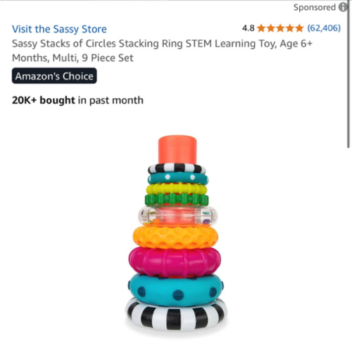 Sassy Stacks of Circles Stacking Ring STEM Learning Toy, Age 6+ Months, Multi, 9 Piece Set