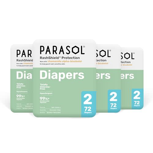 Parasol Clear+Dry Disposable Diapers, RashShield Protection and Leak-Control Fit, Hypoallergenic Diapers, Size 2 (10-18 lbs), 288 Count