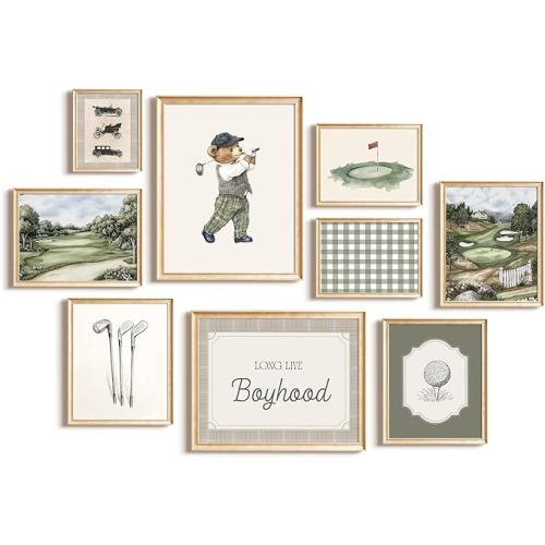 Vintage Sports Nursery Wall Art Decor Golf Teddy Bear Canvas Pictures Toddler Boy Room Wall Decor Sports Animal Poster Baby Boy Nursery Prints Vintage Golf Artwork for Bedroom 8x10x9 Inch Unframed