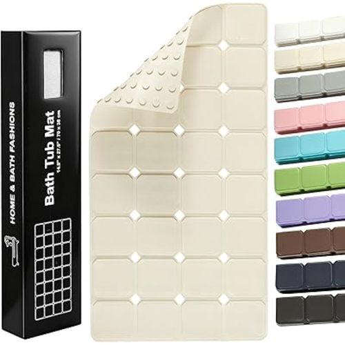 Yanzifly Non-Slip Silicone Bathtub Mat – Foldable, Machine Washable, Durable & Eco-Friendly Bath & Shower Mat with Strong Suction Cups, Large Drain Holes, Ideal for Family Use, 14.9 x 27.5in, Beige