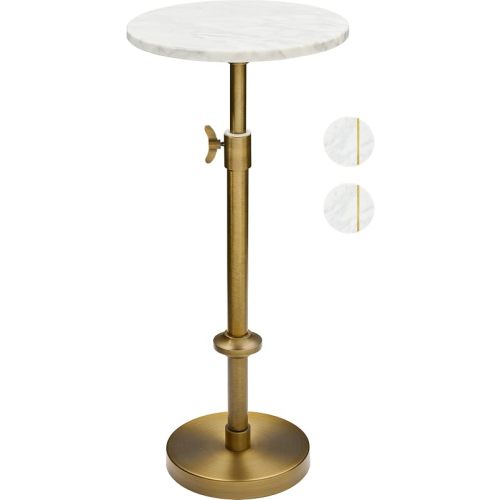 Adjustable 10" White Marble Drink Table with 2 Coasters, Antique Brass⁠