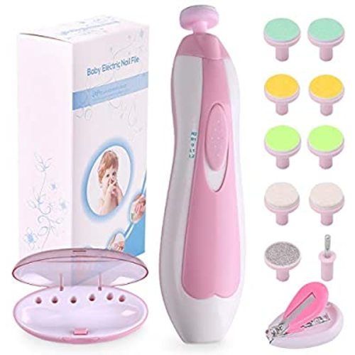 Baby Nail File Electric Nail Trimmer Manicure Set with Nail Clippers, Toes Fingernails Care Trim Polish Grooming Kit Safe for Infant Toddler Kids or Women, LED Light and 10 Grinding Heads, Pink/White