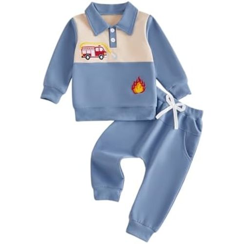 Baby Boy Fall Clothes Toddler Winter Outfits Long Sleeve Contrast Lapel Truck Embroidery Sweatshirt + Pants Sets