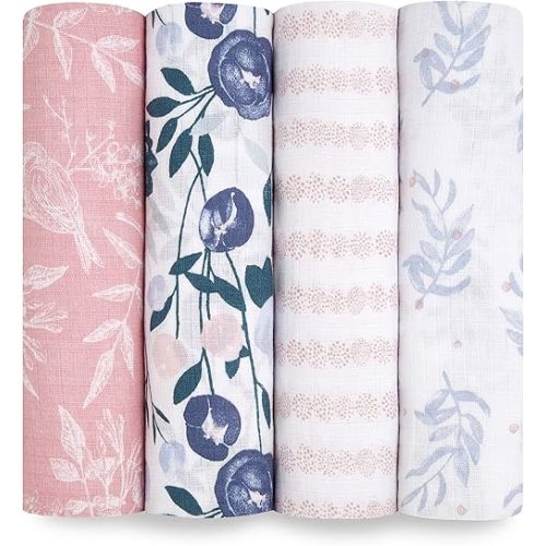 aden + anais Essentials Muslin Swaddle Blankets for Baby Girls and Boys, Newborn Receiving Blanket for Swaddling, 100% Cotton Baby Swaddle Wrap, 4 Pack, Flowers Bloom