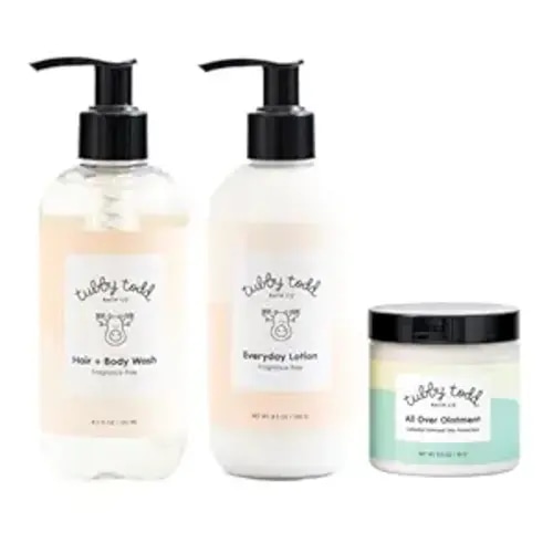 Tubby Todd Regulars Bundle - 3-Step Baby Skincare Routine - 8.5oz Baby Shampoo and Body Wash, 8.5oz Everyday Lotion & 3.5oz All Over Ointment Baby Eczema Cream - For Everyday Use - Fragrance-Free