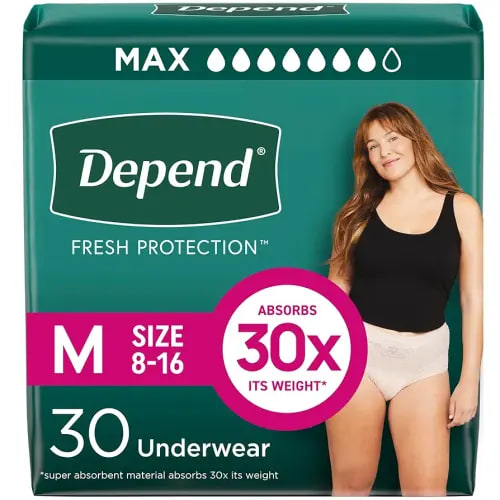 Depend Fresh Protection Adult Incontinence & Postpartum Bladder Leak Underwear for Women, Disposable, Maximum, Medium, Blush, 30 Count, Packaging May Vary
