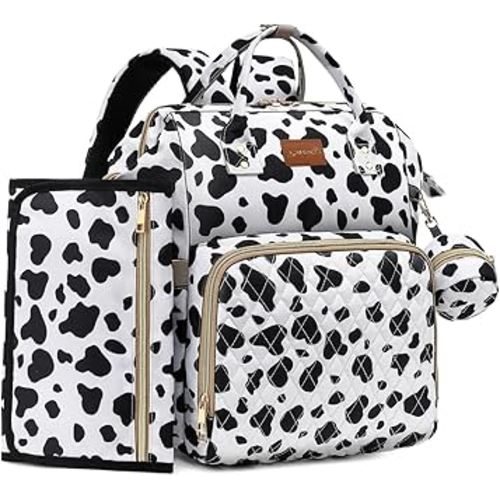 Diaper Bag Backpack with Changing Pad, Pacifier Case, Baby Bag for Boy Girl Toddler - Large, Stylish, Waterproof Travel Quilted Diaper Bag for Mom - Baby Shower Registry - Cow