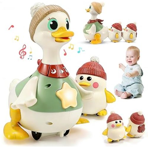 Little Duck Family Tummy Time Toys for Baby 6-12 Months, Musical Crawling Duck Toy with Music & Light, Baby Ducks Toy for Toddlers 1-3, Birthday Gifts for Boys Girls (Mother Goose + 1goslings)