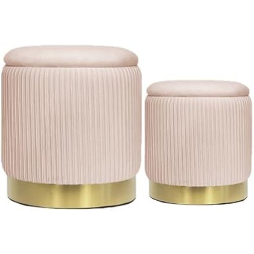 Velvet Round Storage Ottoman Set of 2 Pink Vanity Stool with Storage for Bedroom, Ottoman Coffee Table Small Velvet Foot Stool for Living Room