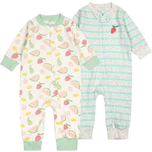 Teach Leanbh Baby 2-Pack 100% Cotton Romper Jumpsuits Two Way Zipper Long Sleeve Footless Sleep and Play