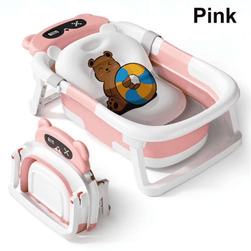 Collapsible Baby Bathtub with Cushion, Portable Infant to Toddler Bath Tub, PP Safe Material, No-Slip Design, Thermostatic Drain