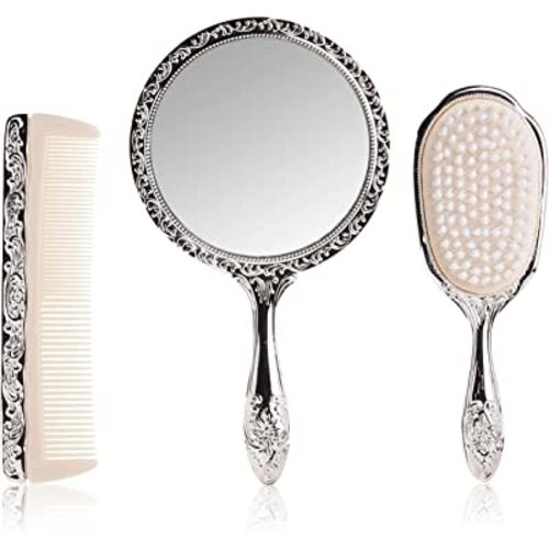 3 pc Silver Chrome Girls Vanity Set Comb Brush Mirror.