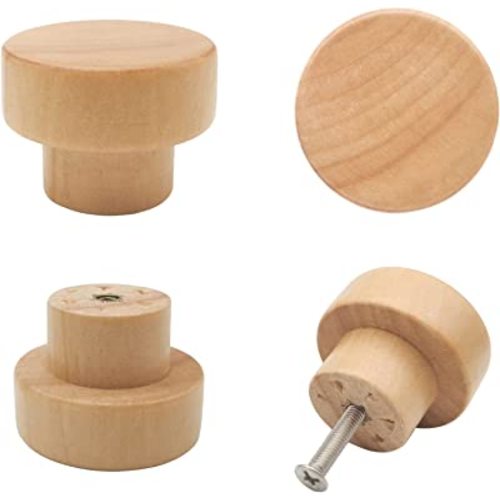 16PCS Wood Knobs Flat Top Round Cabinet Knobs 1.39"(35mm) Natural Wooden Dresser Drawer Pulls Kitchen Cabinet Handles