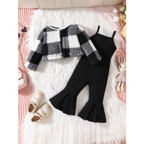 Baby Girl Plaid Fleece Jacket & Solid Color Jumpsuit Set, Autumn/Winter | SHEIN USA