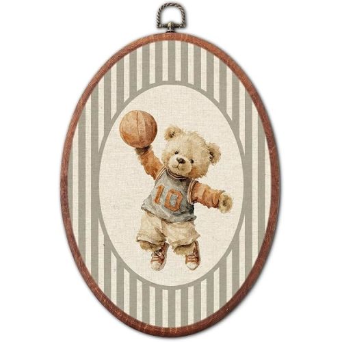 Vintage Bear Basketball Nursery Oval Wall Art Canvas Framed