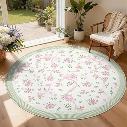 GarveeHome 6ft Washable Round Rug for Entryway Bedroom Circle Pink and Green Bow Rug Non Slip Soft Dining Room Round Throw Carpet Small Stain Resistant Border Round Area Rugs for Living Room Kitchen