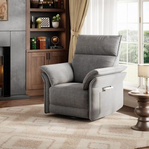 Swivel Power Recliner Chair, Faux Leather Glider Rocker , Side Pocket & Double Armrests