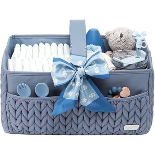 Luxurious Baby Diaper Caddy, Nursery Storage Basket for Newborn Essentials, Travel Baby Basket for Diapers Baby Wipes, Organizer Tote Bag Storage Bin, Baby Shower Gifts(ash blue)