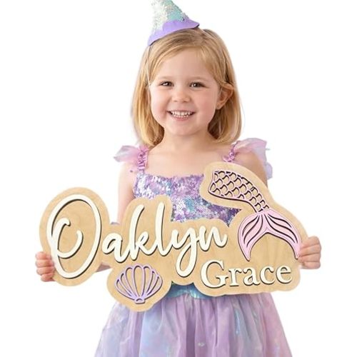Personalized Mermaid Name Sign for Nursery & Kids Room – Custom Wooden Wall Decor – Baby Shower for Girls – Mermaid Bedroom Decoration – Handmade Birch Wood (24 inch)