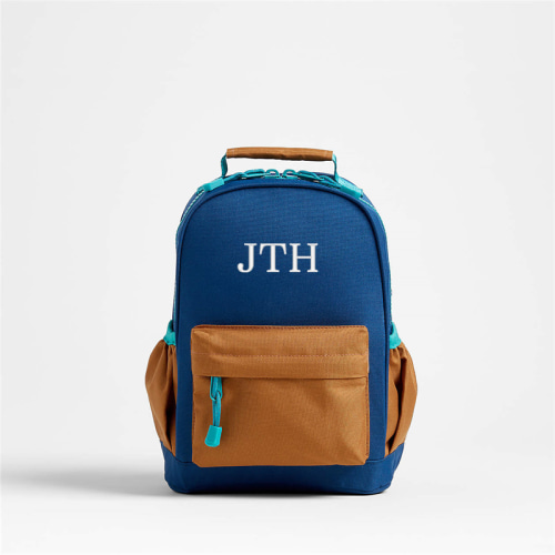 Personalized Colorblock Navy and Ochre Small Kids Backpack with Side Pockets