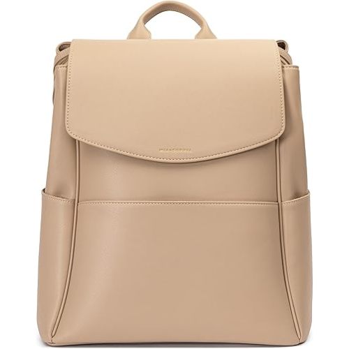MIA + SOPHIA Leather Diaper Bag Backpack with USB Charging port, Changing Pad, Stroller Straps, and Bottle Holder (Beige Olivia)