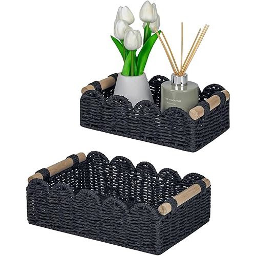 CubesLand Scalloped Edge Decor Baskets for Home, Living Room, Toilet Paper Storage Basket for Over Toilet Shelf, End Table,Shelves and More, Small Paper Rope Baskets Both Storage&Decor, Set 2 Black