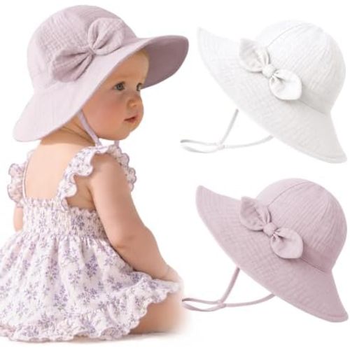 Konssy 2-Pack Muslin Baby Sun Hats for Girls with Bows, UPF 50+