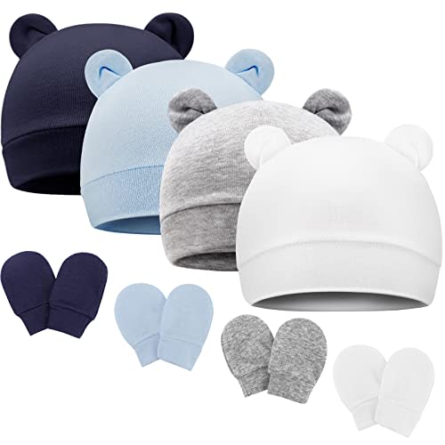BQUBO Newborn Baby Bear Ears Hats and Mittens Sets Preemie Cotton Caps Baby Boy Girl Infant Hospital Beanie