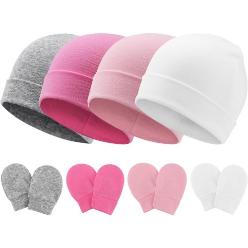 4 Pcs Newborn Baby Hats and Mittens Infant Cotton Beanie Gloves Set Newborn Hospital Hat for Baby Girls 0-6 Months