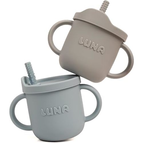 Baby Luna 2-in-1 Snack and Sippy Cups – Spill Proof Snack Cups for Toddlers 1-3, Lightweight & Easy-to-Clean Containers with Soft Grip Handles, BPA-Free Silicone for Travel or Home Use - Blue & Grey