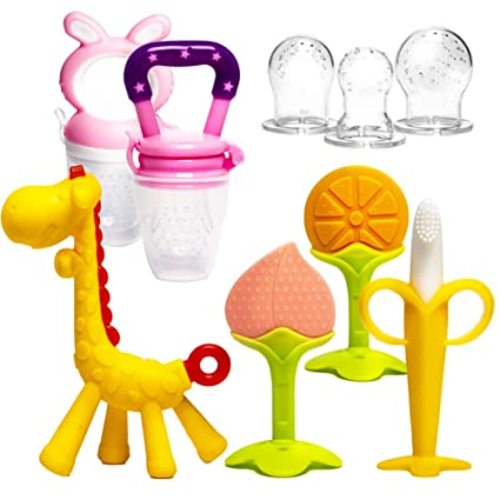 HONGTEYA Teething Toys for Babies 6 Months 6-12 Months 6 Pack- 4 Teethers for Babies Baby 2 Fruit Feeders for Newborn Infants BPA Free Natural Organic Freezer Silicone Baby Teethers Set(Pink)