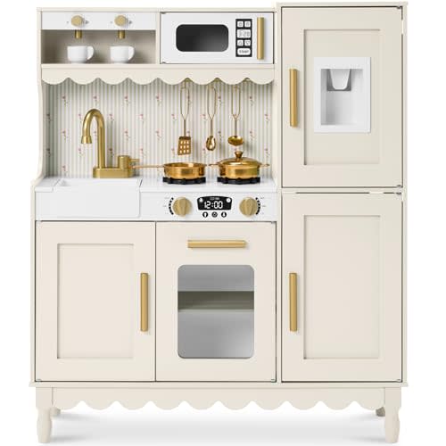 Best Choice Products Play Kitchen for Kids, Cottage Style Kids Kitchen Playset for Toddlers, Pretend Play Toy Kitchen w/ 11Pcs, Espresso Machine, Microwave, Oven, Refrigerator w/Ice - Cream