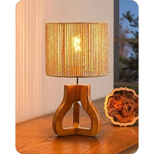 EDISHINE Small Table Lamp, Rose Wood Base, Handwoven Paper Rope Shade, E26 | Tripod Base Nightstand Lamp, On-Off Line Switch, 14.6" Rattan Bedside Lamp for Bedroom Living Room, Office