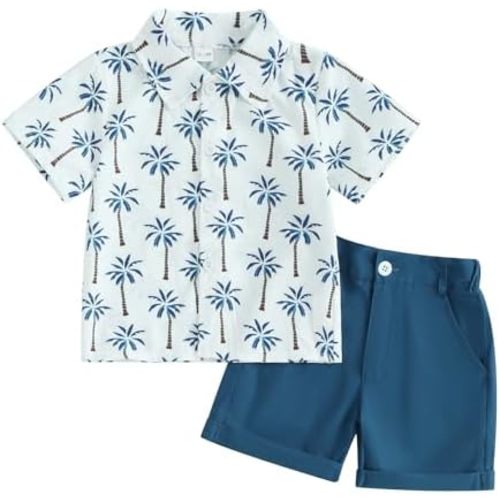 fhutpw Baby Toddler Boy Outfits 2T 3T 4T 5T Clothes Summer Kids Pattern Short Sleeve Button Down Shirt & Shorts Set