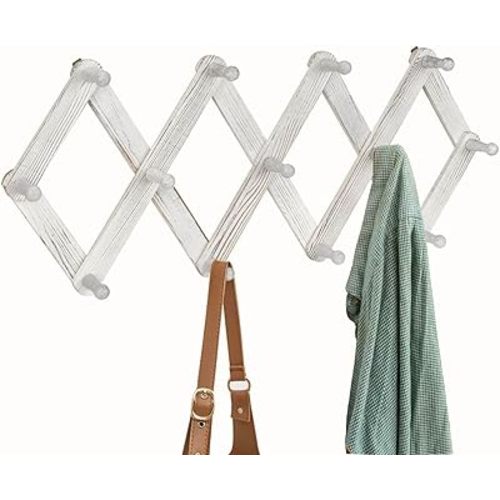 Homode Accordian Wall Hanger, Expandable Coat Rack Wall Mounted, Accordion Style Wood Hat Rack with 13 Peg Hooks for Hanging Coats, Hats, Mugs, Bags, Purses, Necklaces, Rustic White