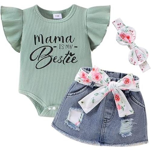 Baby Girl Clothes Newborn Romper Ruffle Sleeve Short Jeans Skirt with Headband Infant Outfits Set 0-18 Months