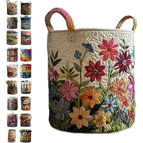 Quilted Laundry Baskets with Handles, Large Floral Fabric Hampers, Extra Soft Boho Chic Storage Organizer for Nurseries, Collapsible Clothes Bins, Portable Bedroom Washing Container