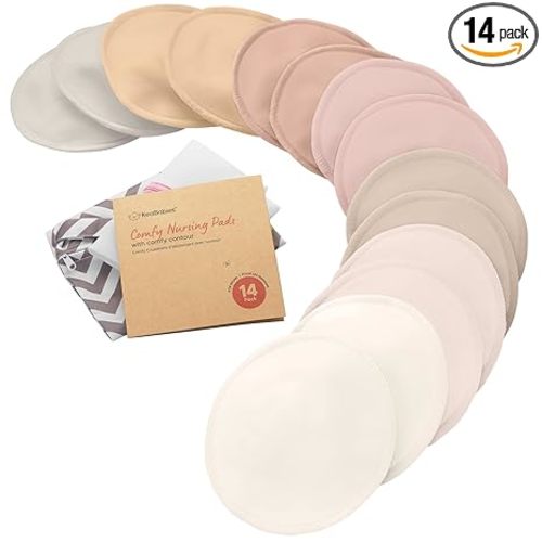 Organic Nursing Pads - 14 Washable Breast Pads for Breastfeeding, Wash Bag, Viscose Derived from Bamboo Reusable Nipple Covers for Breastfeeding Essentials, Soft & Absorbent (Neutrals, L 5")
