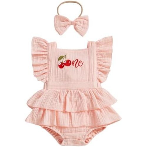 BULINGNA Baby Girl First Birthday Outfit Strawberry Cherry Birthday Romper Ruffle Backless Cake Smash Onesie with Headband