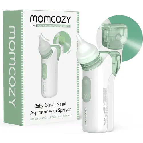 Momcozy 2-in-1 Baby Nasal Aspirator with Nasal Spray, Electric Nasal Aspirator for Baby, Battery Powered Nose Aspirator for Newborn and Toddler, 2 Tips Replacements