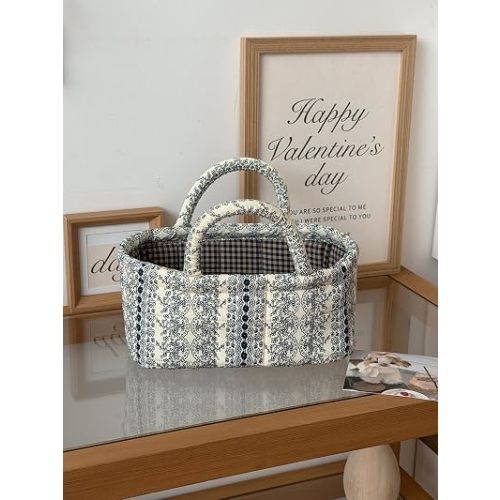 Small Storage Basket Organizer, Mini Fabric Floral Storage Baskets with Handle, Quilted Portable Collapsible Storage (Vine-Blue B)