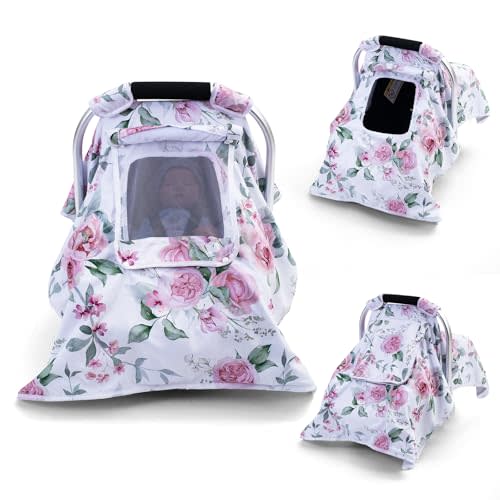 Baby Car Seat Cover, Infant Car Seat Cover with 2 Layer Windows, Breathable Baby Carrier Sun Shade Cover, Windproof Car Seat Canopy Weather Shield for Newborn