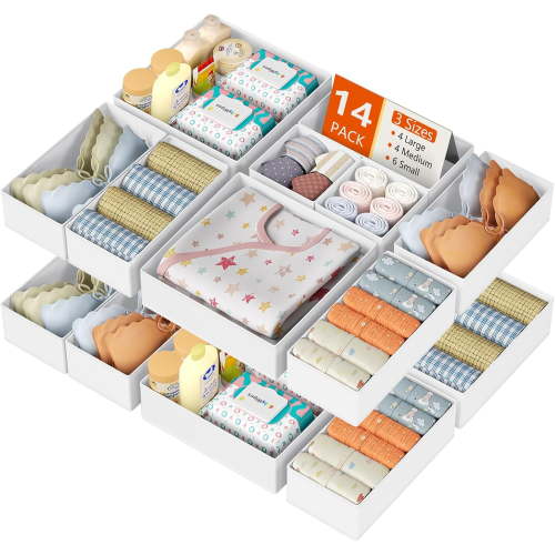 Drawer Organizer Clothes 14 Pack - Foldable Baby Organizers and Storage & Dresser Organizer for Bedroom, Closet - Nursery Organization Dresser Dividers for underwear, Sock,Bra, Belt, Tie, White