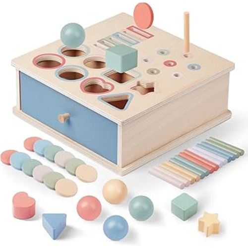 Montessori Toys for 2 3 4 5 Color Sorting - Wooden Object Permanence Box with Drawer Sensory Toys Shape Sorter Education for Baby Toddler Boy Girl Drop Busy Box 4 in 1