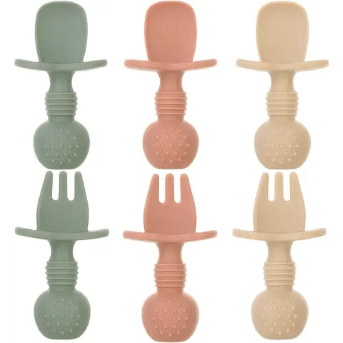 Juego de 6 cucharas y tenedores para bebé, utensilios de silicona para la primera etapa de autoalimentación para niños pequeños, sin BPA, suministros de alimentación de destete para bebés