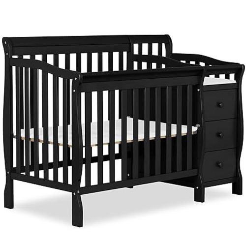 Dream On Me Jayden 4‑in‑1 Mini Convertible Baby Crib & Changer with Storage in Black, Pinewood, GreenGuard Gold & BSA, 1” Mattress Pad, 3 Mattress Heights, Converts to Mini Day & Twin-Size Bed