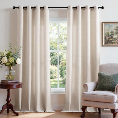 TURCURNO Light Filtering Linen Curtains for Living Room and Office,Soft Flax Textured Bronze Grommet Semi Sheer Privacy Drapes 2 Panels,Linen,52"x96"